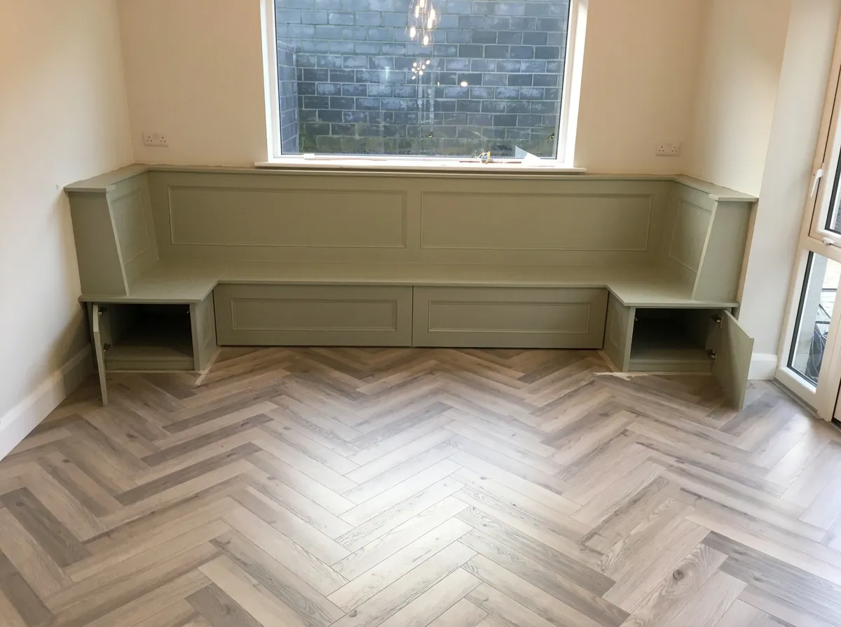Sage green fitted bench seating wrapping beneath a window, with storage underneath