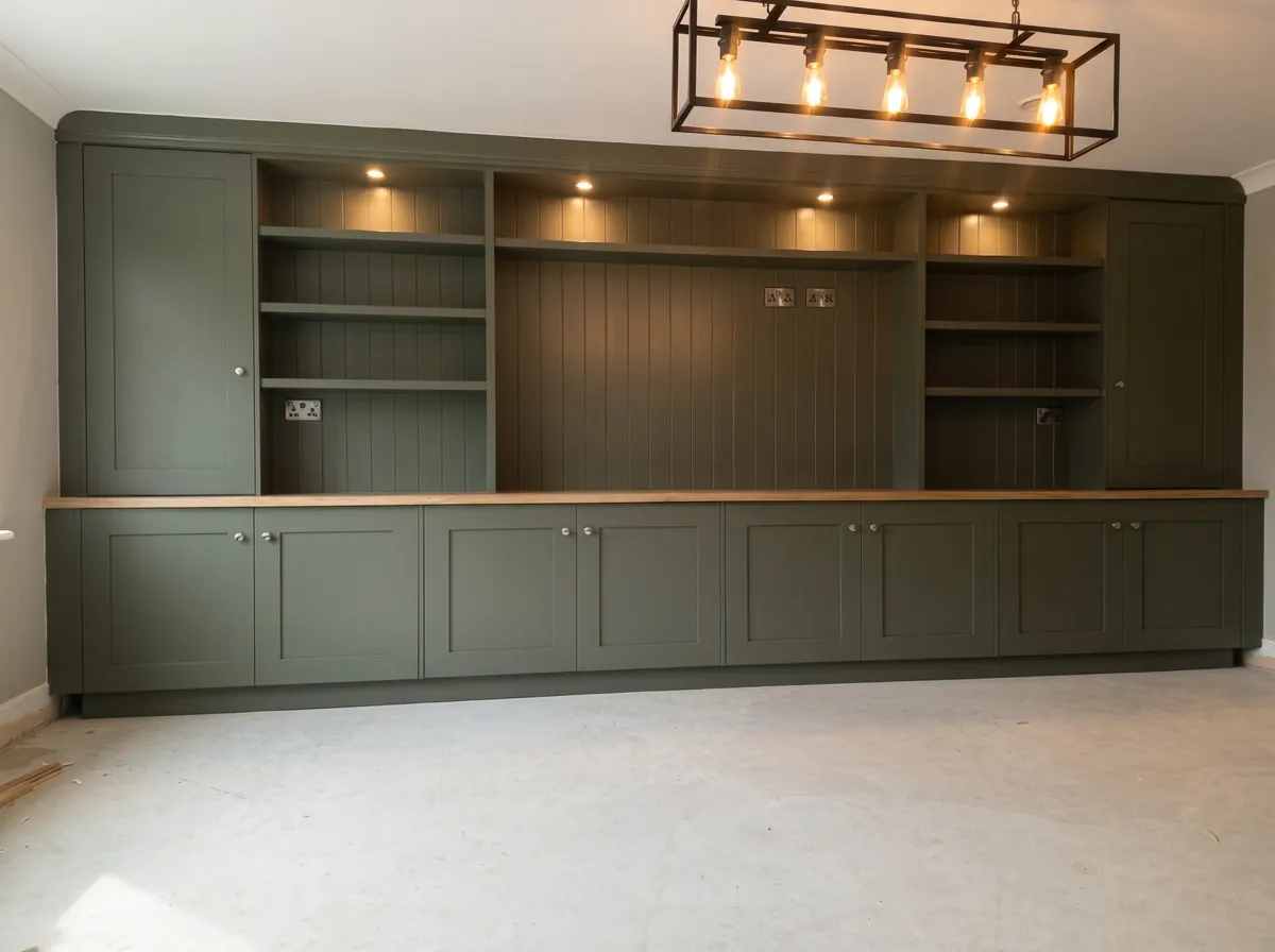 Long sage green wall of fitted cabinetry with lit open shelving and a tongue-and-groove TV recess