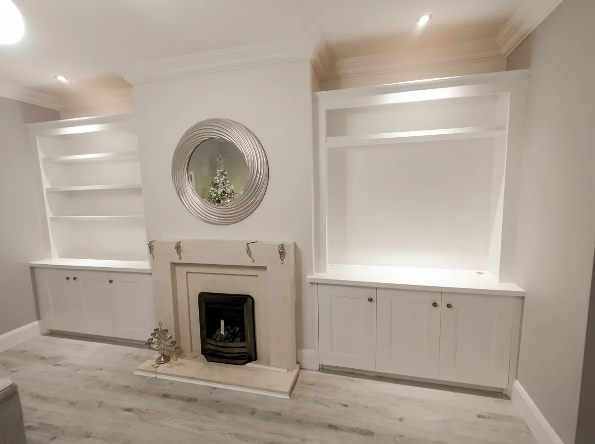 Pale alcove units with lit open shelving and cupboards either side of a fireplace