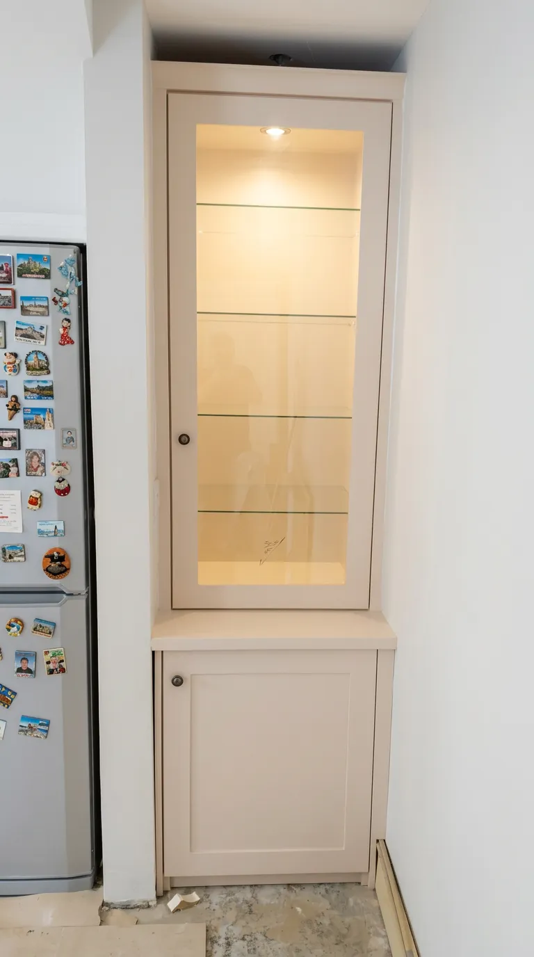Tall lit display cabinet with glass shelves above a panelled cupboard, fitted into a narrow recess