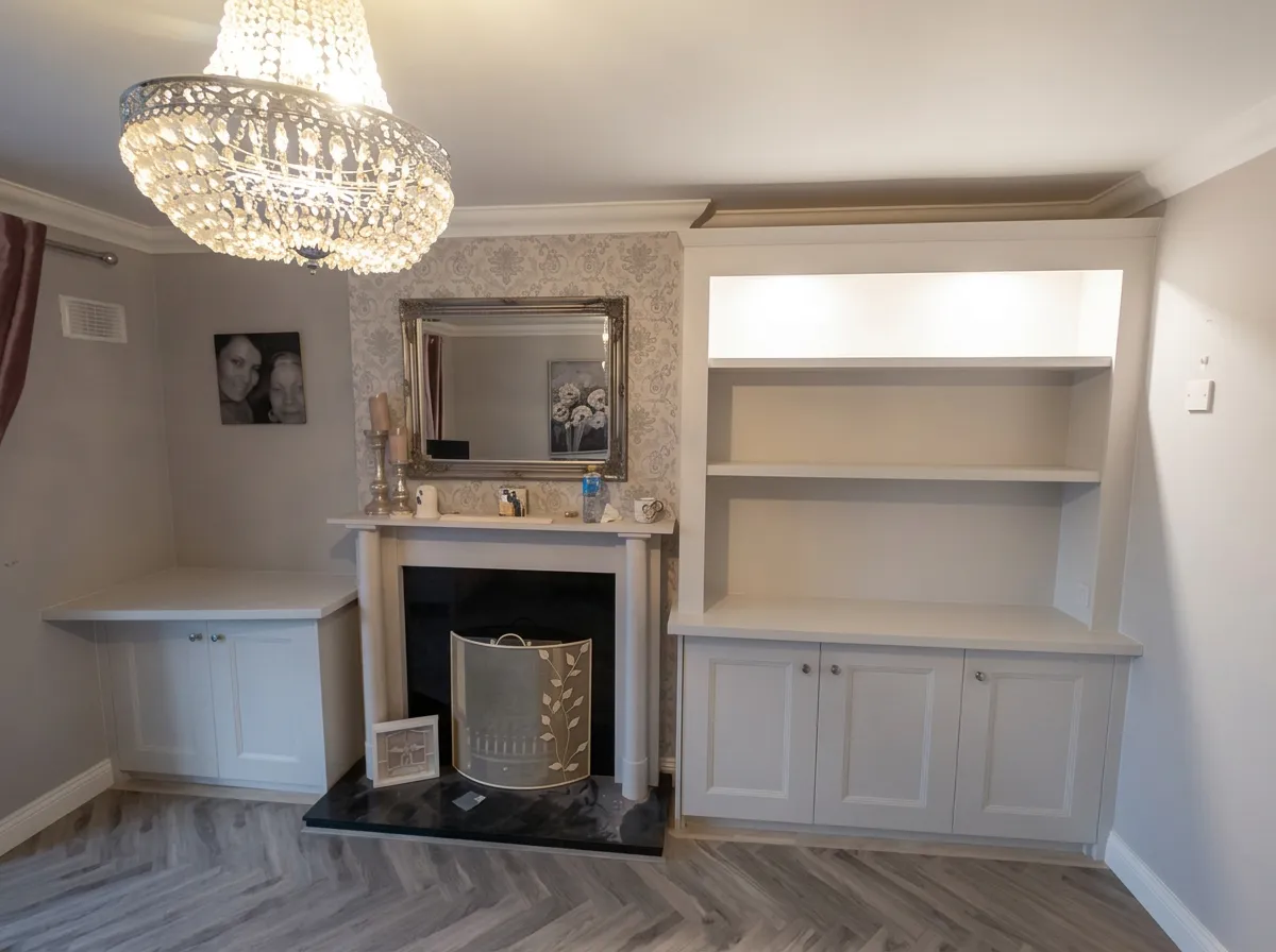 Fitted alcove storage and a floating desk unit either side of a period fireplace