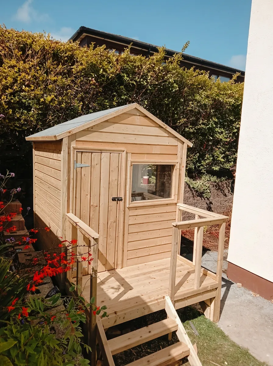 Timber children's playhouse with a window, door, raised deck, railings and steps