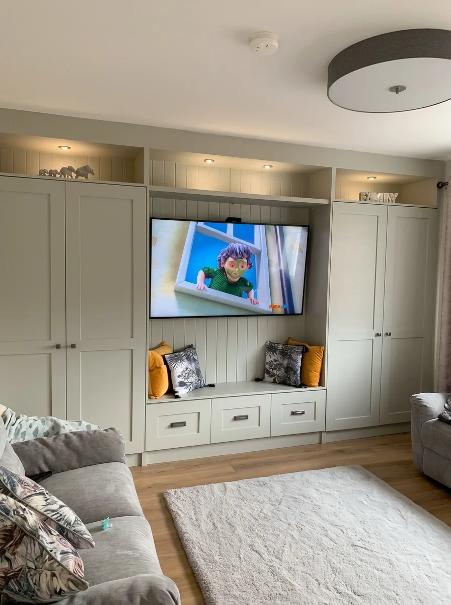 Pale grey full-height cupboards framing a tongue-and-groove TV recess with a drawer bench seat and lit shelves above