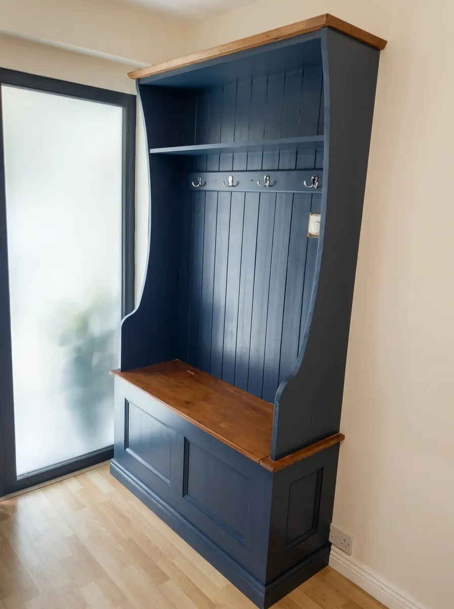 Navy hall settle with tongue-and-groove back, coat hooks, shelf and a timber-topped storage bench